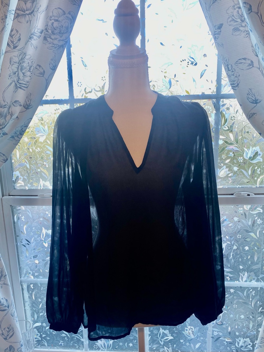 Banana Republic Black Sheer Long-Sleeve V-Neck Blouse